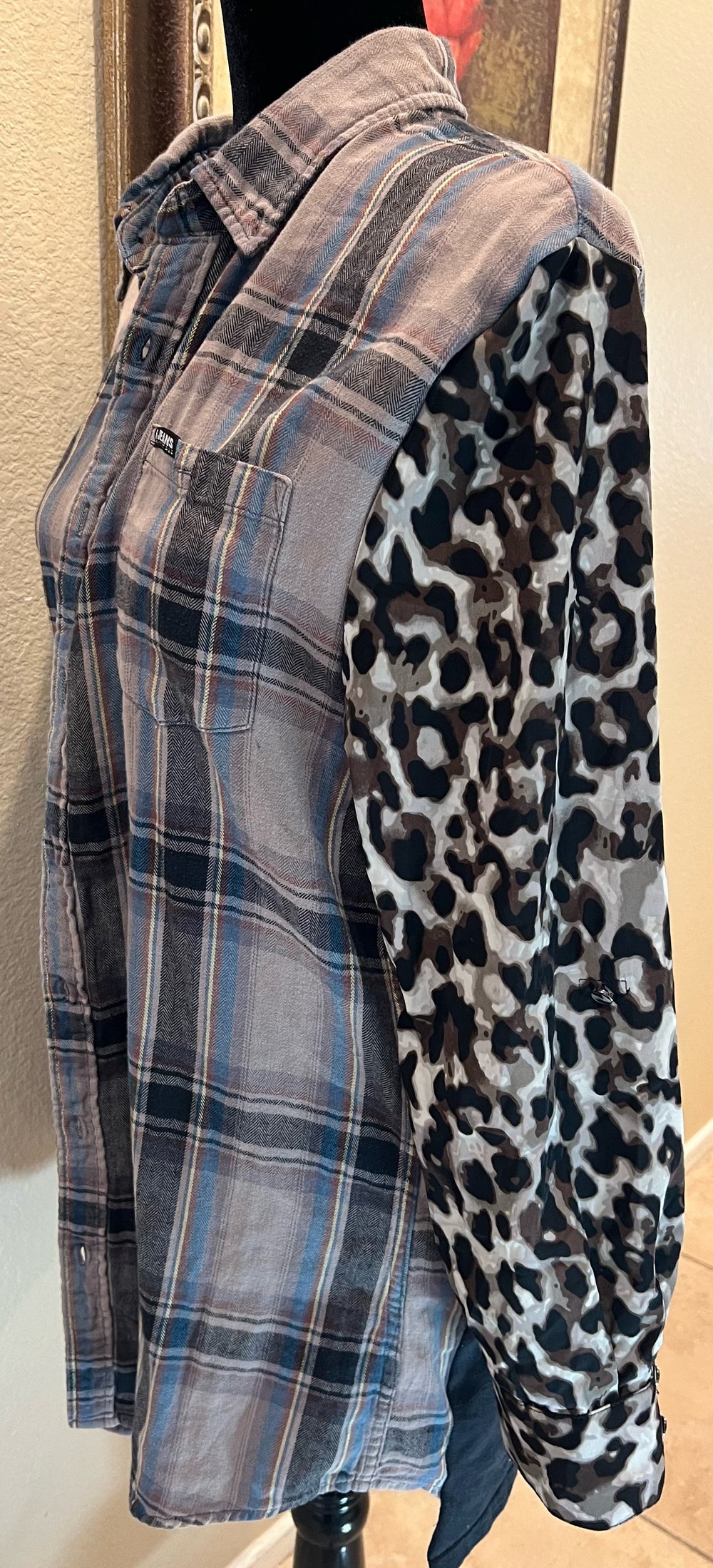 Vintage Blue/Black/Gray Flannel Shirt Leopard Sleeves & X-Ray Fairy