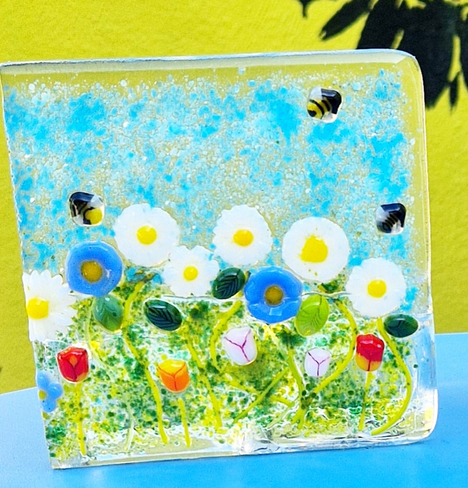 Image of Fused Glass Double Daisy and Bee Tea Light holder