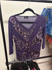 Image 3 of 00s purple sequin and beaded micromesh long sleeve top 