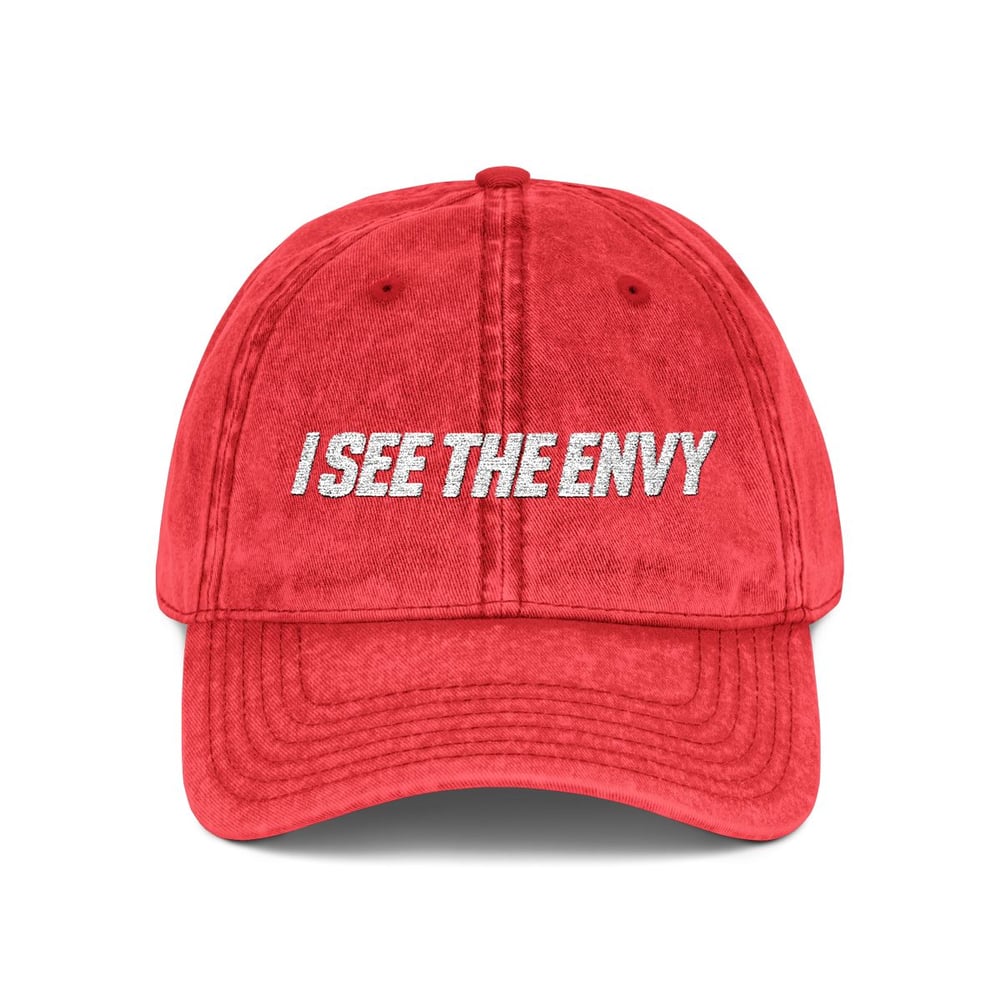 Image of Unisex Embroidered Vintage Cap — "I SEE THE ENVY" Distressed Dad Hat