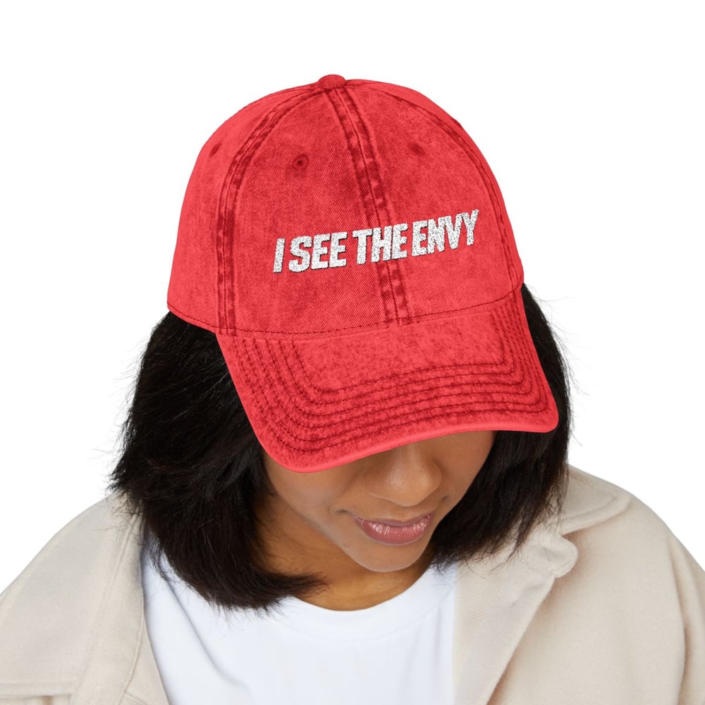 Image of Unisex Embroidered Vintage Cap — "I SEE THE ENVY" Distressed Dad Hat