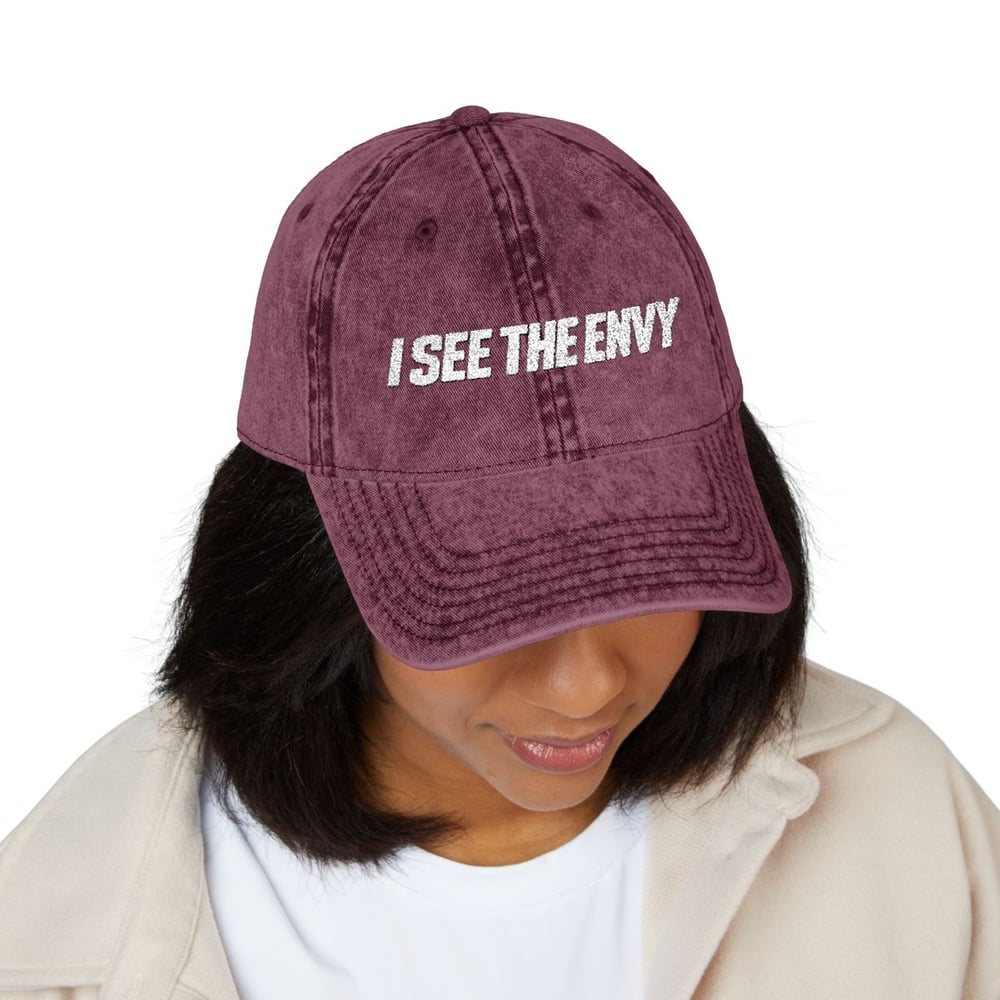 Image of Unisex Embroidered Vintage Cap — "I SEE THE ENVY" Distressed Dad Hat