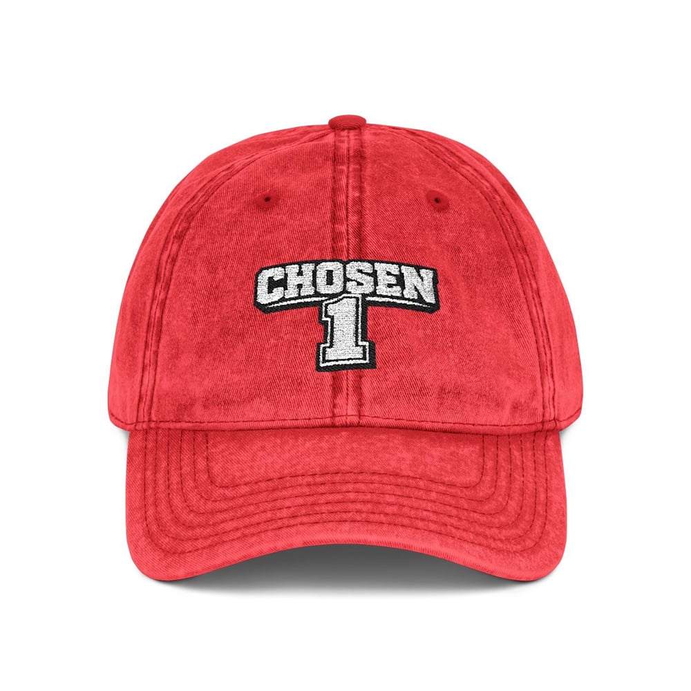 Image of Unisex Vintage Embroidered 'Chosen' Cap - Washed Red Baseball Hat