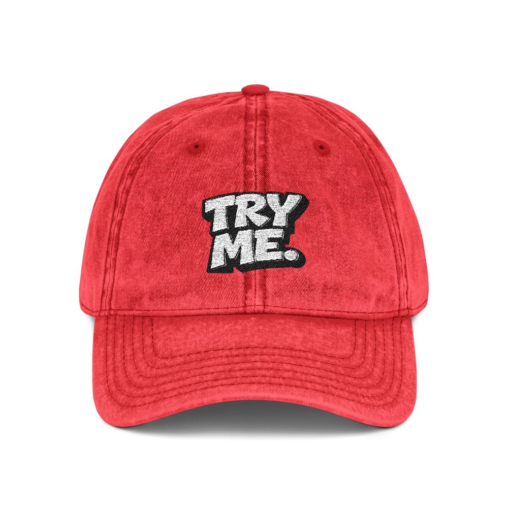 Image of Unisex Try Me Embroidered Vintage Baseball Cap — Distressed Red Cotton Hat