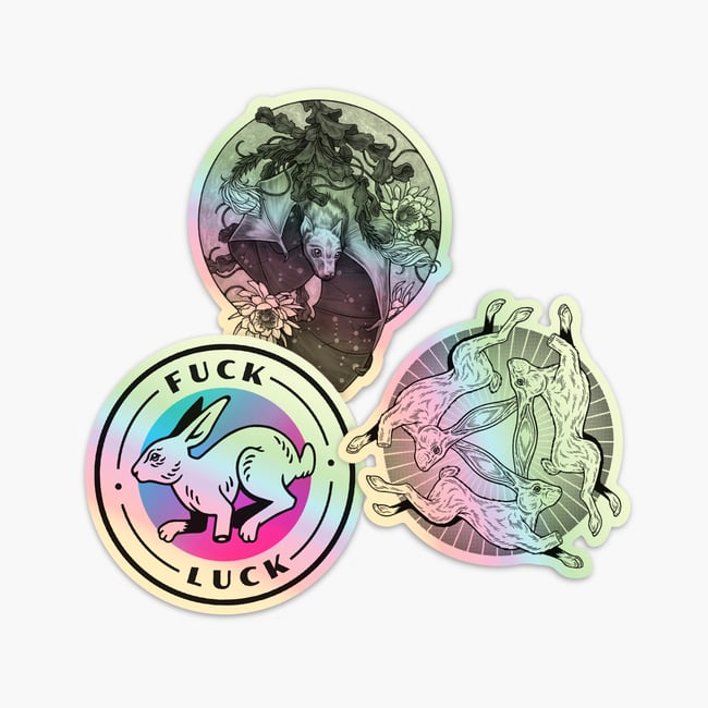 Holographic Sticker Pack - Fuck Luck, Three Hares, Astral Bat