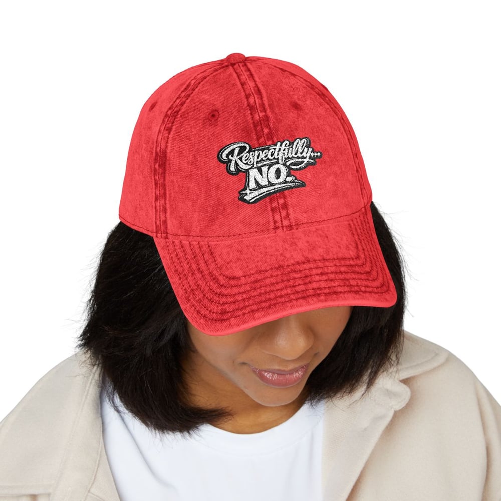 Image of Unisex Vintage Embroidered Cap — "Respectfully, NO." Red Washed Baseball Hat