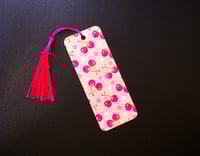 Image 2 of Handmade Pink Bookmark with Sparkly Cherries along with a Pink Tassel, book