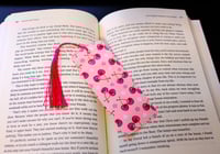 Image 1 of Handmade Pink Bookmark with Sparkly Cherries along with a Pink Tassel, book