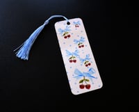 Image 1 of Handmade Bookmark with Cherries and Blue Bows with a Blue Tassel, trending, book
