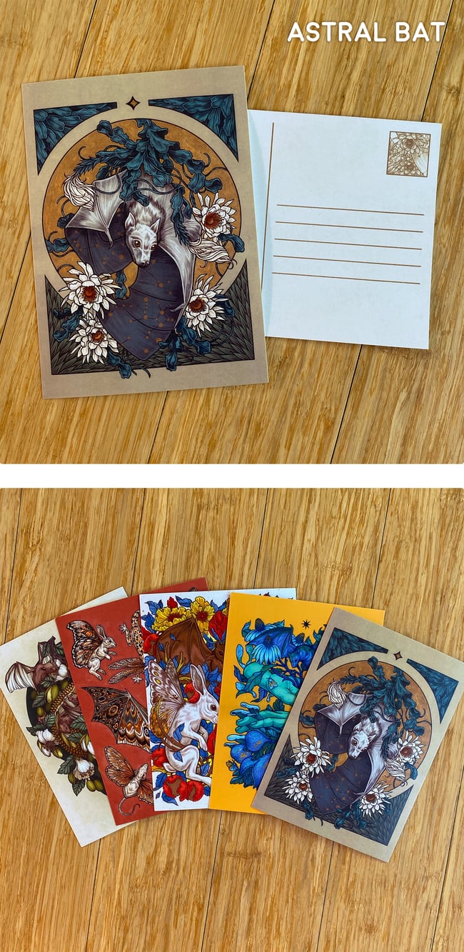 Bat Postcard Prints - Botanica, Wings, Origin, As Above So Below. Astral Bat