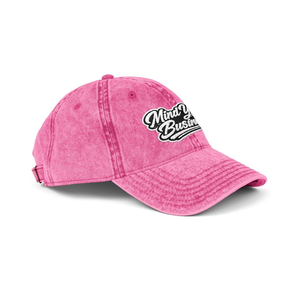 Image of Unisex Vintage Embroidered Baseball Cap - "Mind Your Business" Script Patch