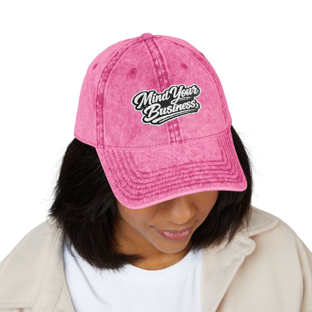 Image of Unisex Vintage Embroidered Baseball Cap - "Mind Your Business" Script Patch