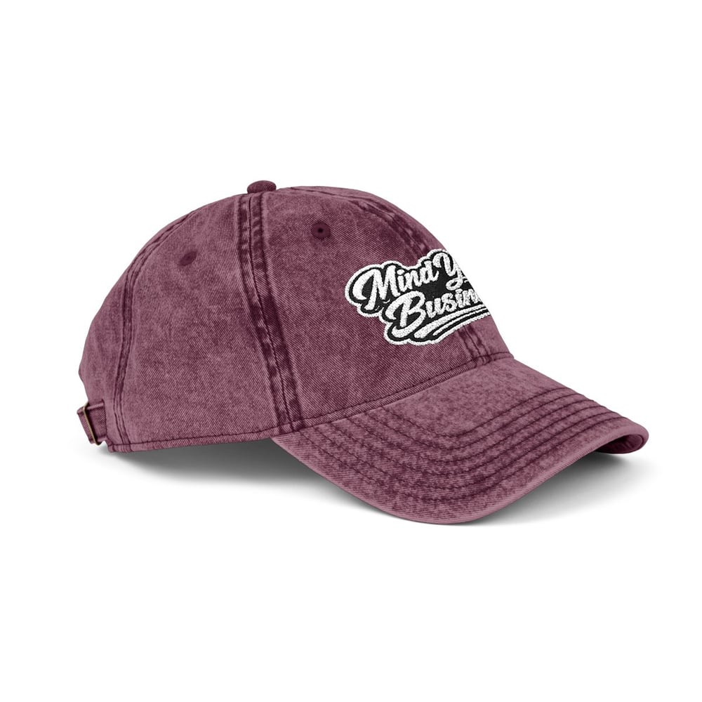 Image of Unisex Vintage Embroidered Baseball Cap - "Mind Your Business" Script Patch