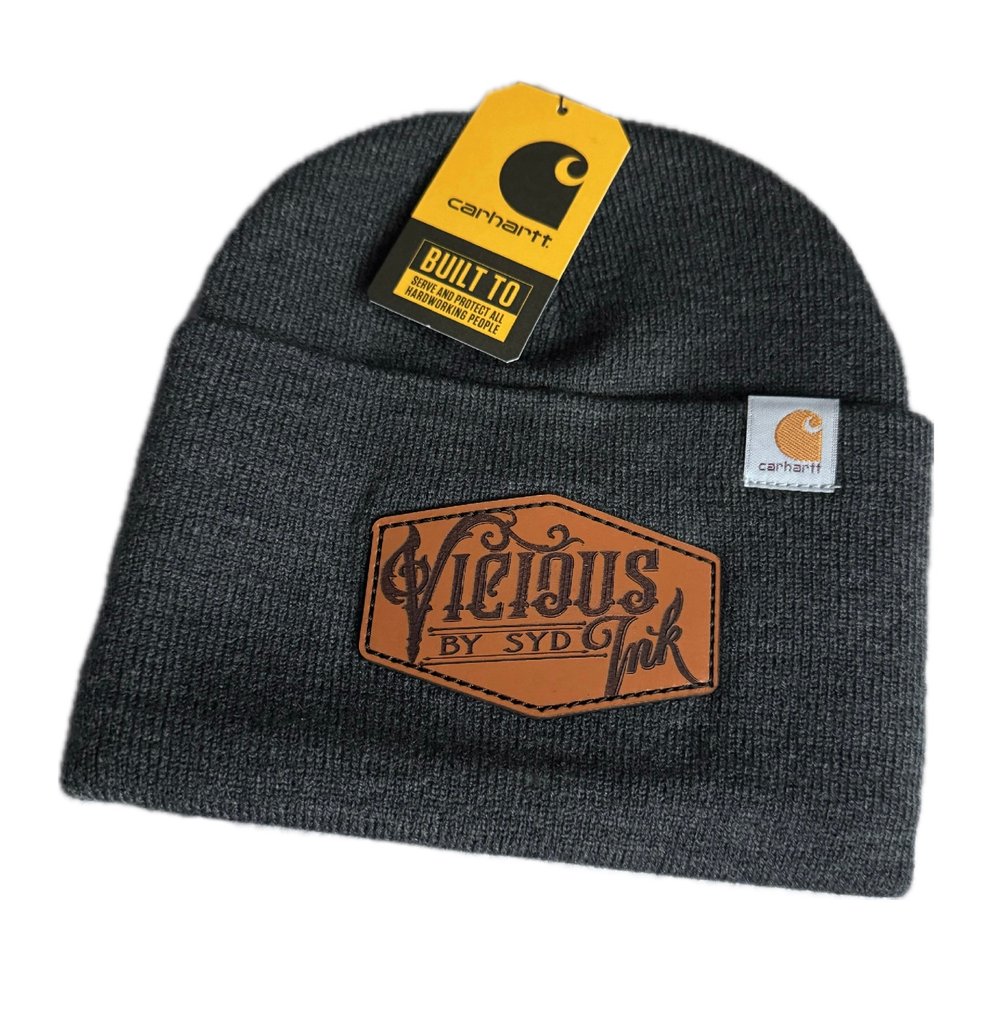 Image of Leather Patch Carhartt Beanie Grey