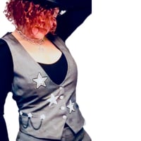 Image 4 of Women’s Gray Pinstripe Vest Vintage Y2K custom made w/ sparkling stars & pocket chain detail 