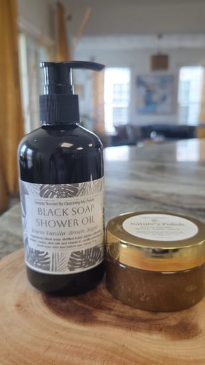 Image of Black Soap Shower Oil Get 4 oz Sugar Scrub Free!