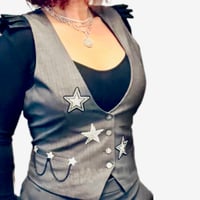Image 3 of Women’s Gray Pinstripe Vest Vintage Y2K custom made w/ sparkling stars & pocket chain detail 