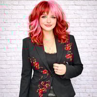 Image 1 of Womens Custom Black Blazer Red Cherry Blossom flowers down each side, a one of one signature piece 