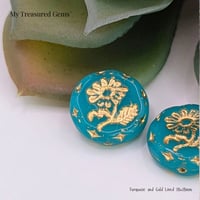 Image 2 of Czech Marguerite Flower Beads – 18mm Turquoise Gold Lined Floral Coin Beads
