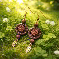 WOOD ROSE EARRING WITH GOLD LEAF DANGLE