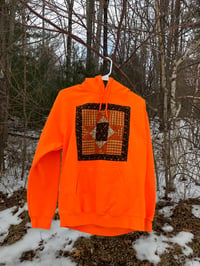 Image 1 of Quilt Block Hoodie, neon orange/orange/brown