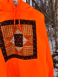 Image 2 of Quilt Block Hoodie, neon orange/orange/brown
