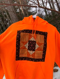 Image 4 of Quilt Block Hoodie, neon orange/orange/brown