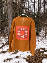 Image 1 of Quilt Block Shirt: tan and pink long sleeve