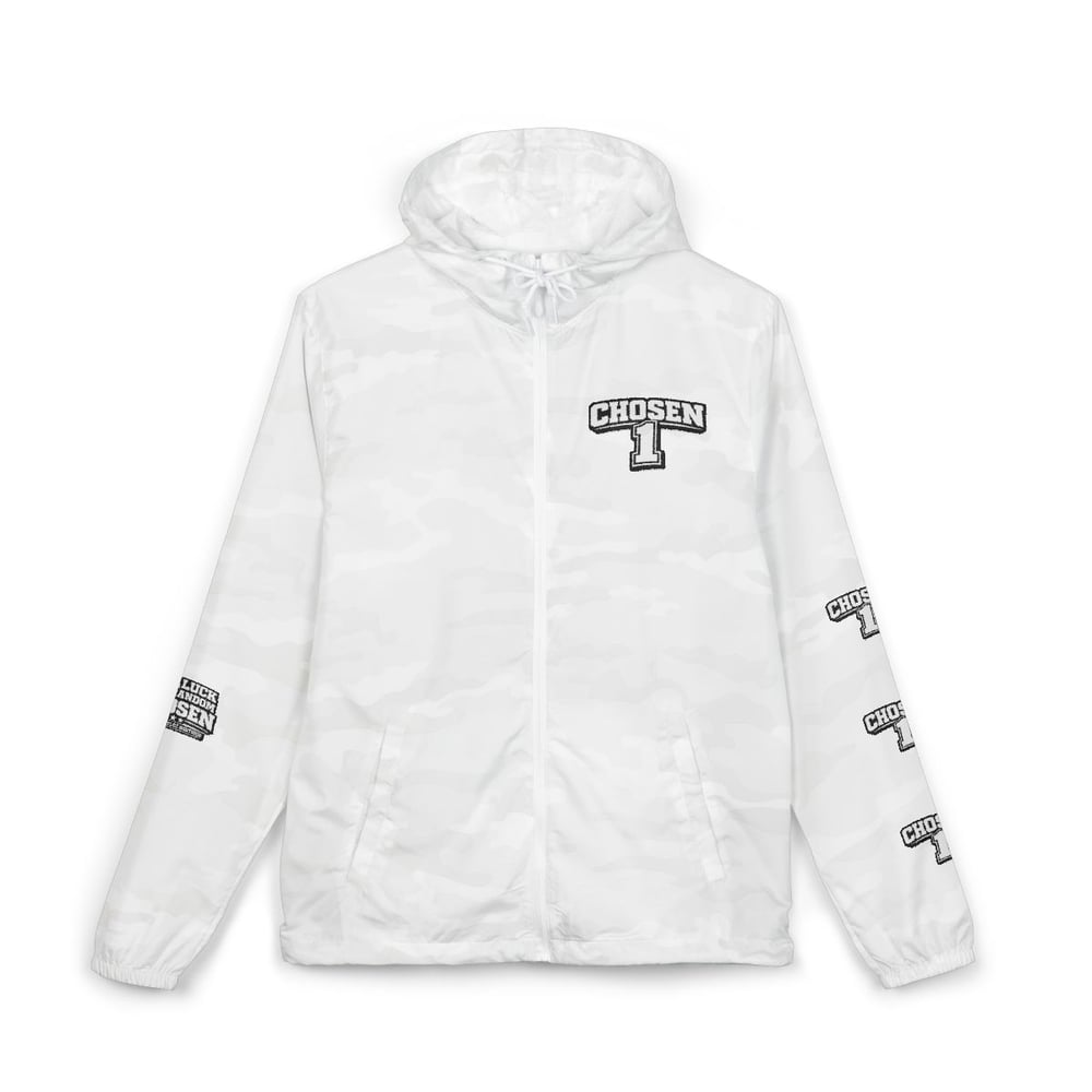 Image of Unisex Windbreaker Jacket — "Not Luck Not Random Chosen" Graphic Hooded Windbreaker