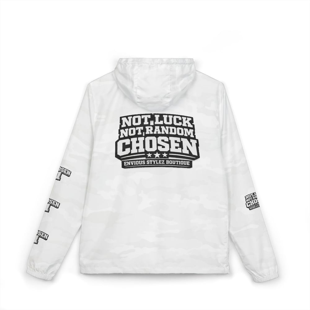 Image of Unisex Windbreaker Jacket — "Not Luck Not Random Chosen" Graphic Hooded Windbreaker