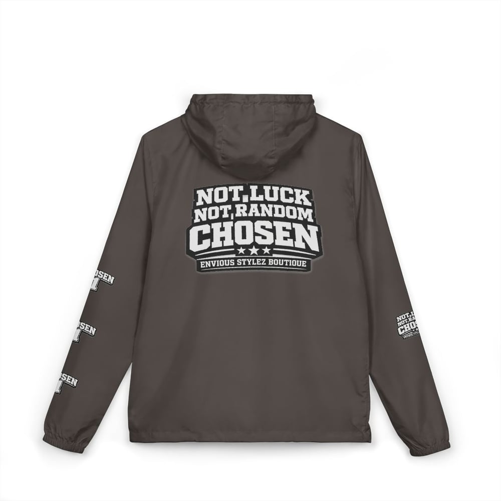 Image of Unisex Windbreaker Jacket — "Not Luck Not Random Chosen" Graphic Hooded Windbreaker