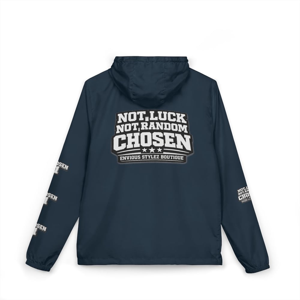 Image of Unisex Windbreaker Jacket — "Not Luck Not Random Chosen" Graphic Hooded Windbreaker