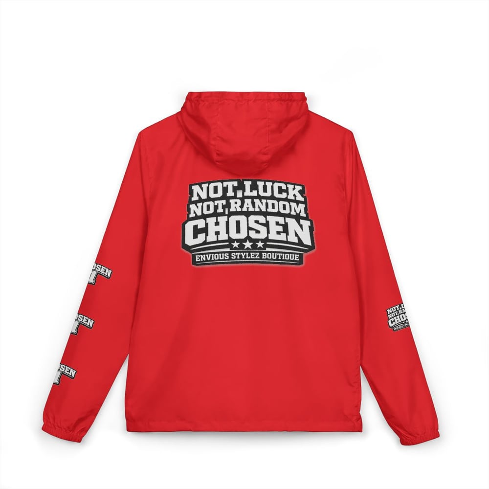 Image of Unisex Windbreaker Jacket — "Not Luck Not Random Chosen" Graphic Hooded Windbreaker