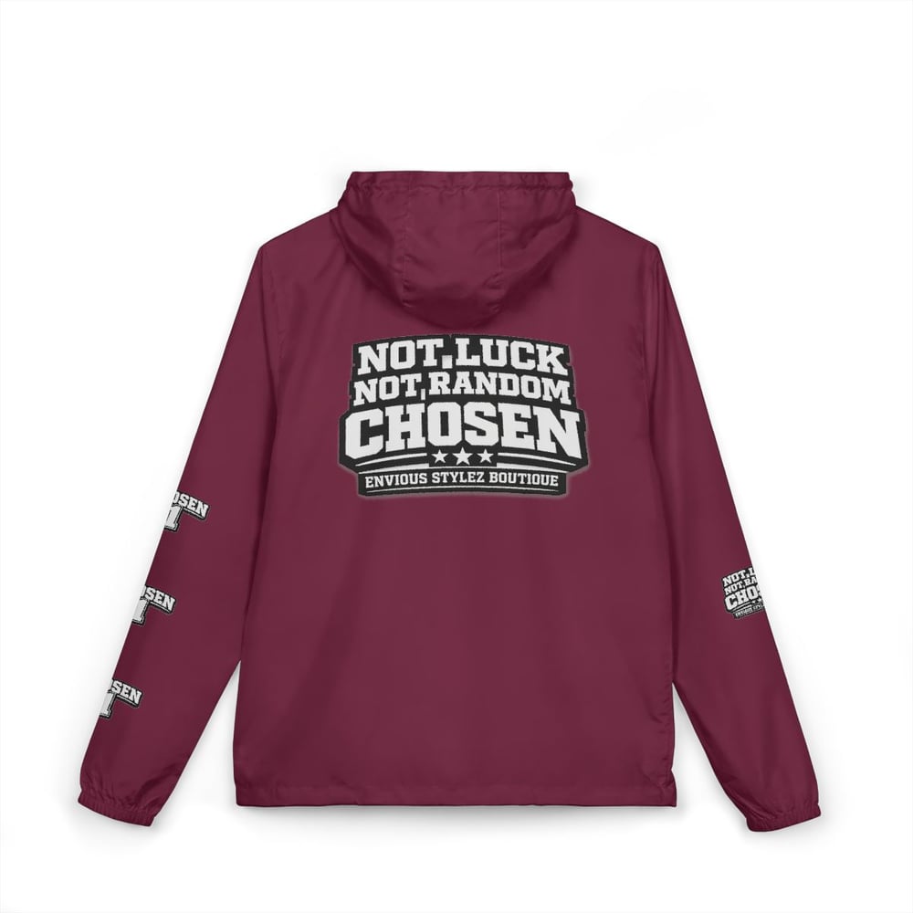Image of Unisex Windbreaker Jacket — "Not Luck Not Random Chosen" Graphic Hooded Windbreaker