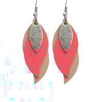 Image 1 of  Australian made leather earrings - Leaf.  Gold, watermelon coral, natural