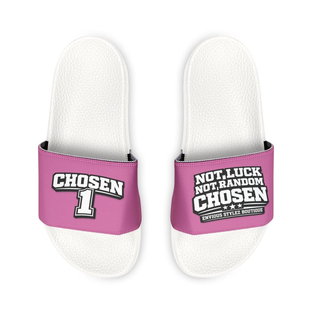 Image of Chosen 1 Slide Sandals — Women's Removable-Strap Pool Slides with 'Chosen I' Graphic