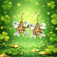 GREEN SHAMROCK BOW EARRINGS WITH WITH GOLD DANGLE