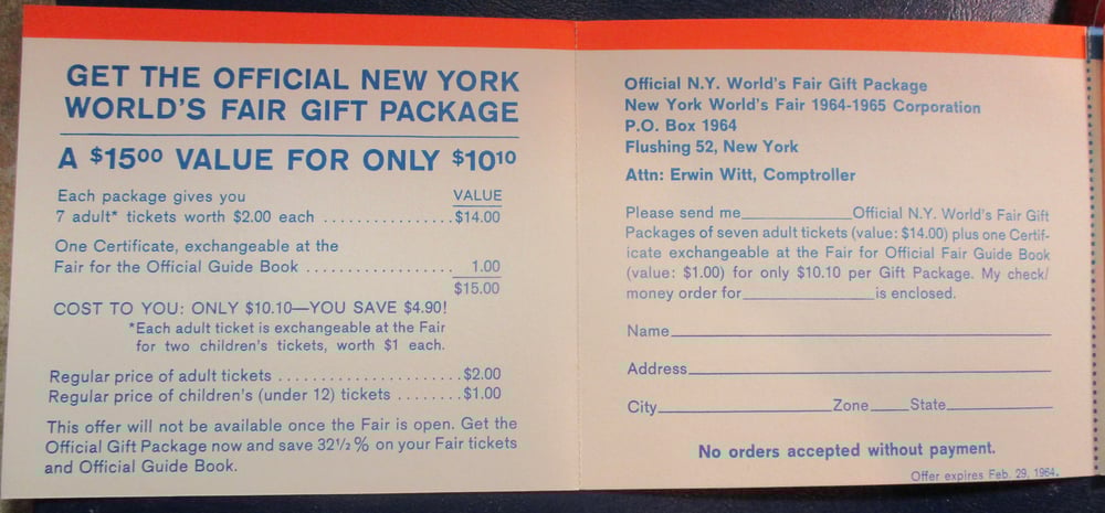 MULTIPLE SPECIALTY TICKETS FROM NEW YORK'S 1939 & 1964 WORLD'S FAIRS +TICKET BROCHURE