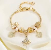  Gold Charm Sparkling Rhinestone Heart/Crystal Bow Bracelet 