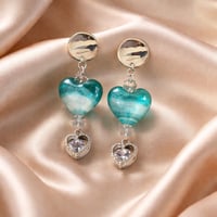 SILVER STUD GREEN SWIRL HEART EARRINGS WITH CZ DANGLE