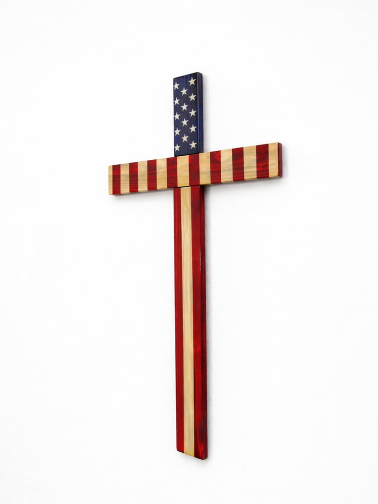 Image of Cedar Wood American Flag Cross, Patriotic Wall Decor, Wooden USA Flag Cross