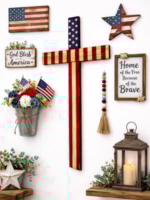 Image of Cedar Wood American Flag Cross, Patriotic Wall Decor, Wooden USA Flag Cross