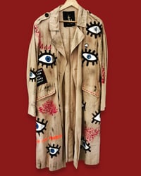 Image 2 of BLUE EYE UPCYCLED  ¥ UNISEX ¥ VINTAGE TRENCHCOAT ¥ IBIZA¥ HANDPAINTED