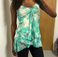 Image 5 of 00s floaty fairy ruffle turquoise and white floral cami