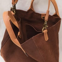 Image 6 of Large 3-Panel Two-way Tote in chocolate suede