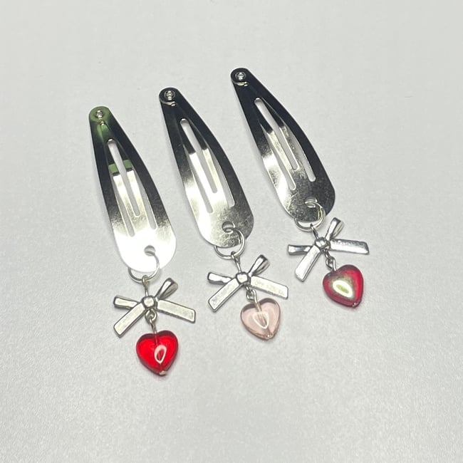 bow & glass heart hair clips (set of three)