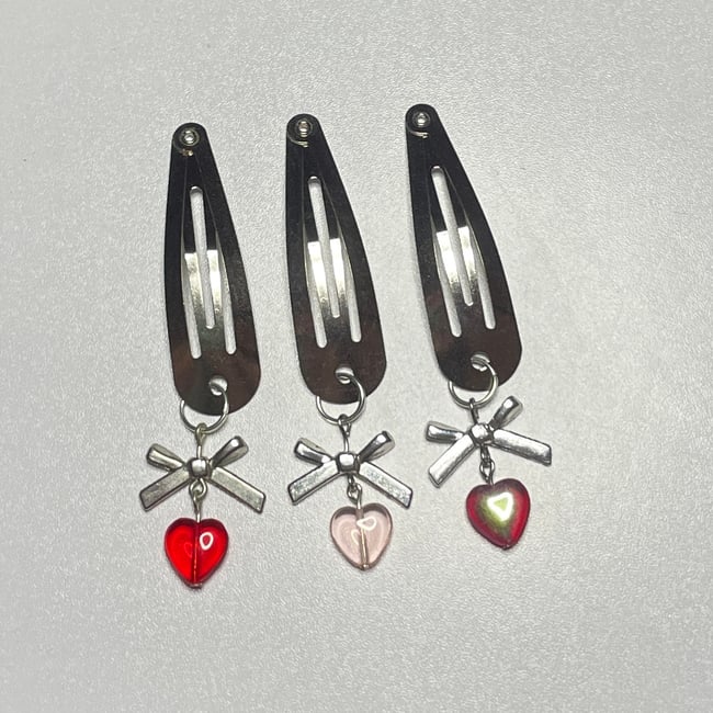 bow & glass heart hair clips (set of three)