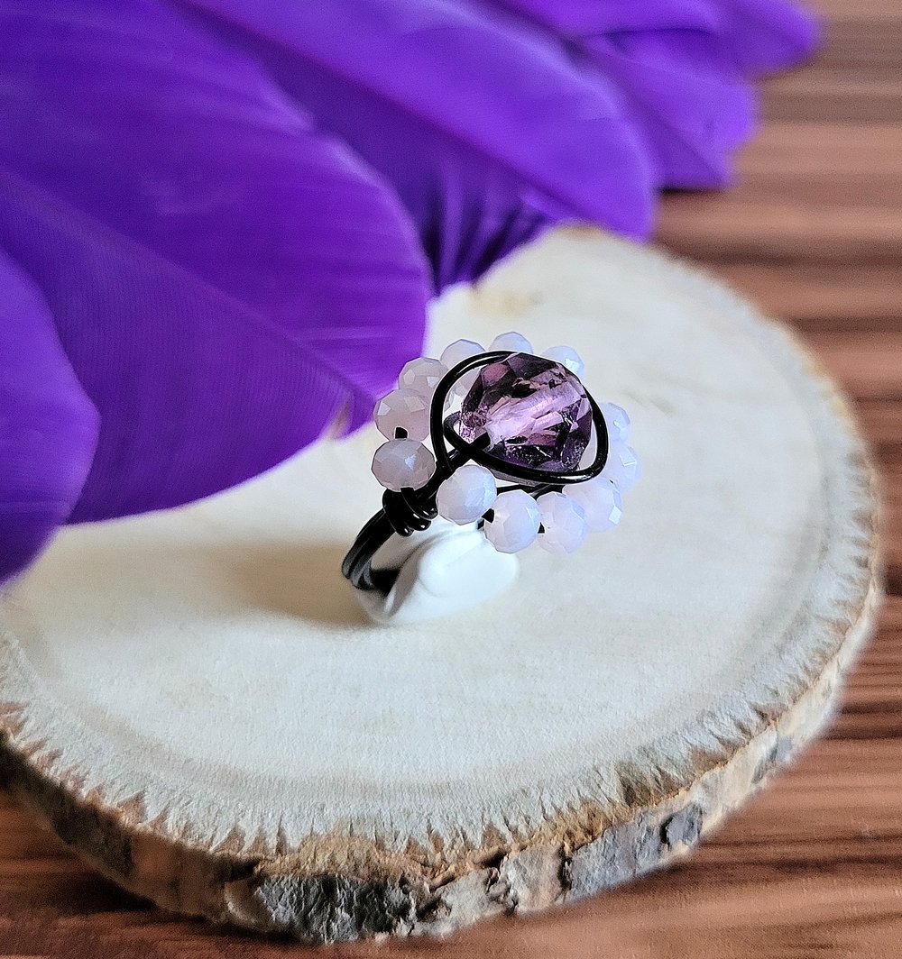 Image of Wire Wrapped Purple Beaded Halo Custom Ring
