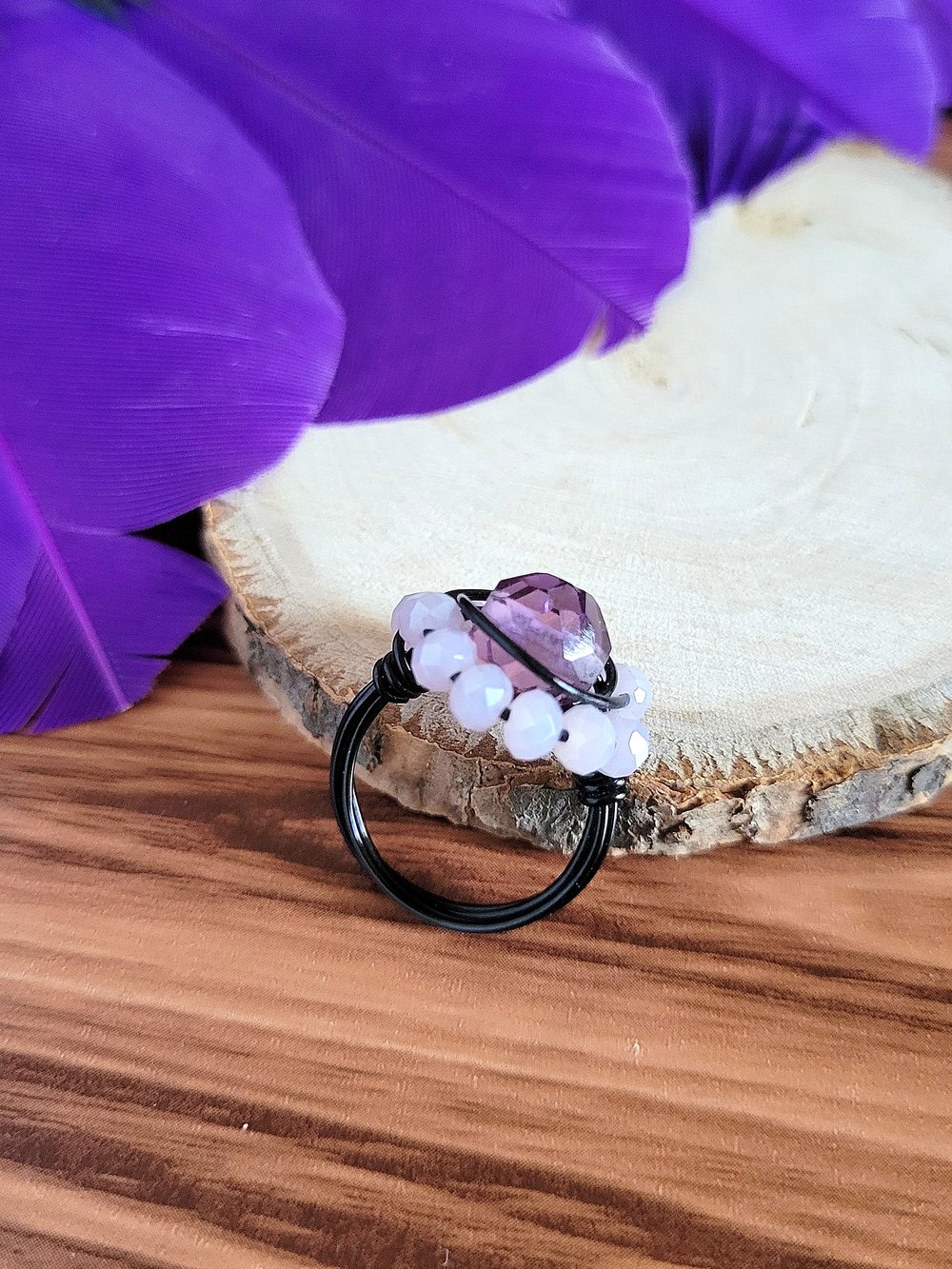 Image of Wire Wrapped Purple Beaded Halo Custom Ring
