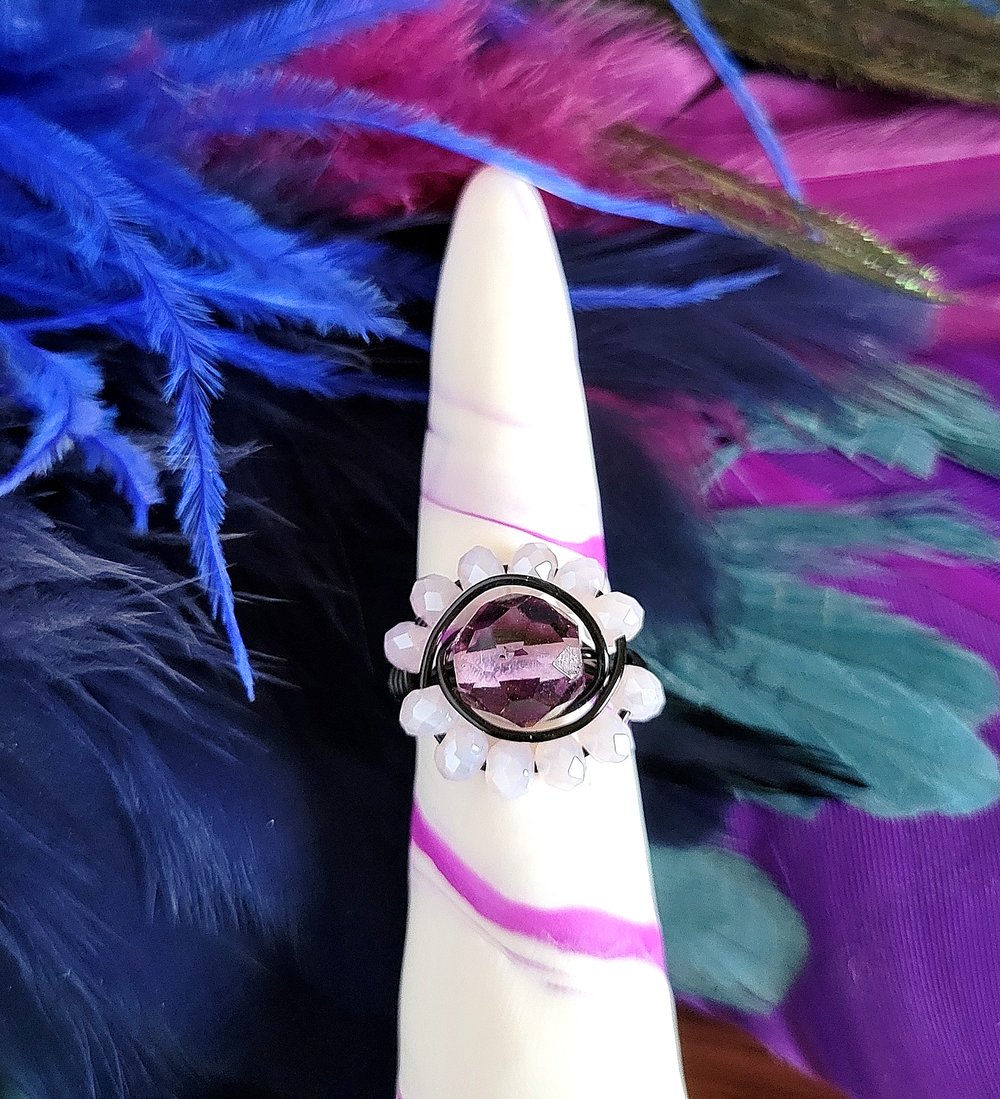 Image of Wire Wrapped Purple Beaded Halo Custom Ring